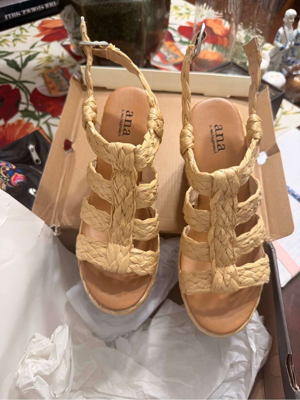 a.n.a Braided Straw Wedge Sandals in Tan